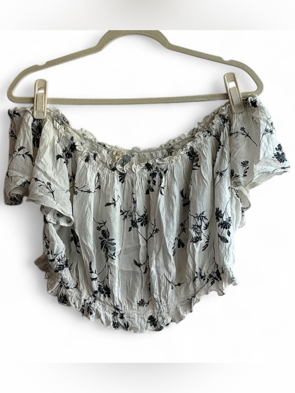 En Creme Black Floral Print White Off the Shoulder Blouse Top Size L